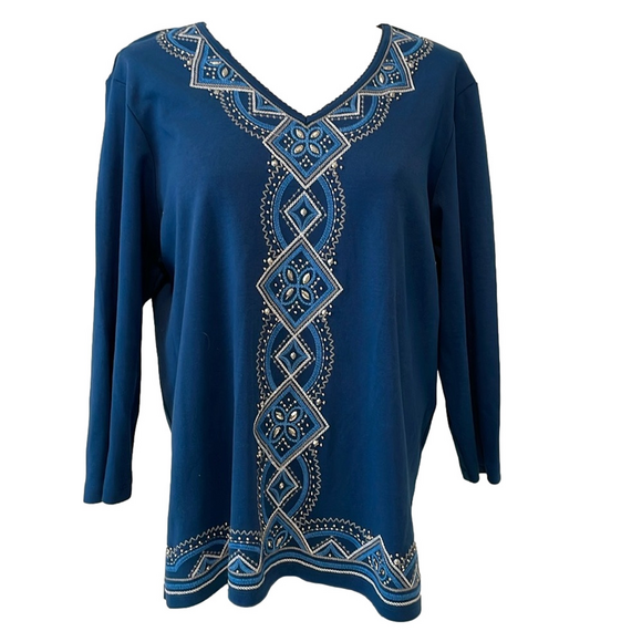 Alfred Dunner blue knit top with embroidery sz L - Picture 2 of 6
